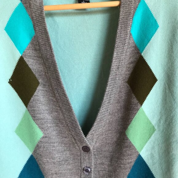 New York & Co. Argyle Button-Front Sweater: Aqua Gray Teal, Women's Size M-L - Picture 5 of 10